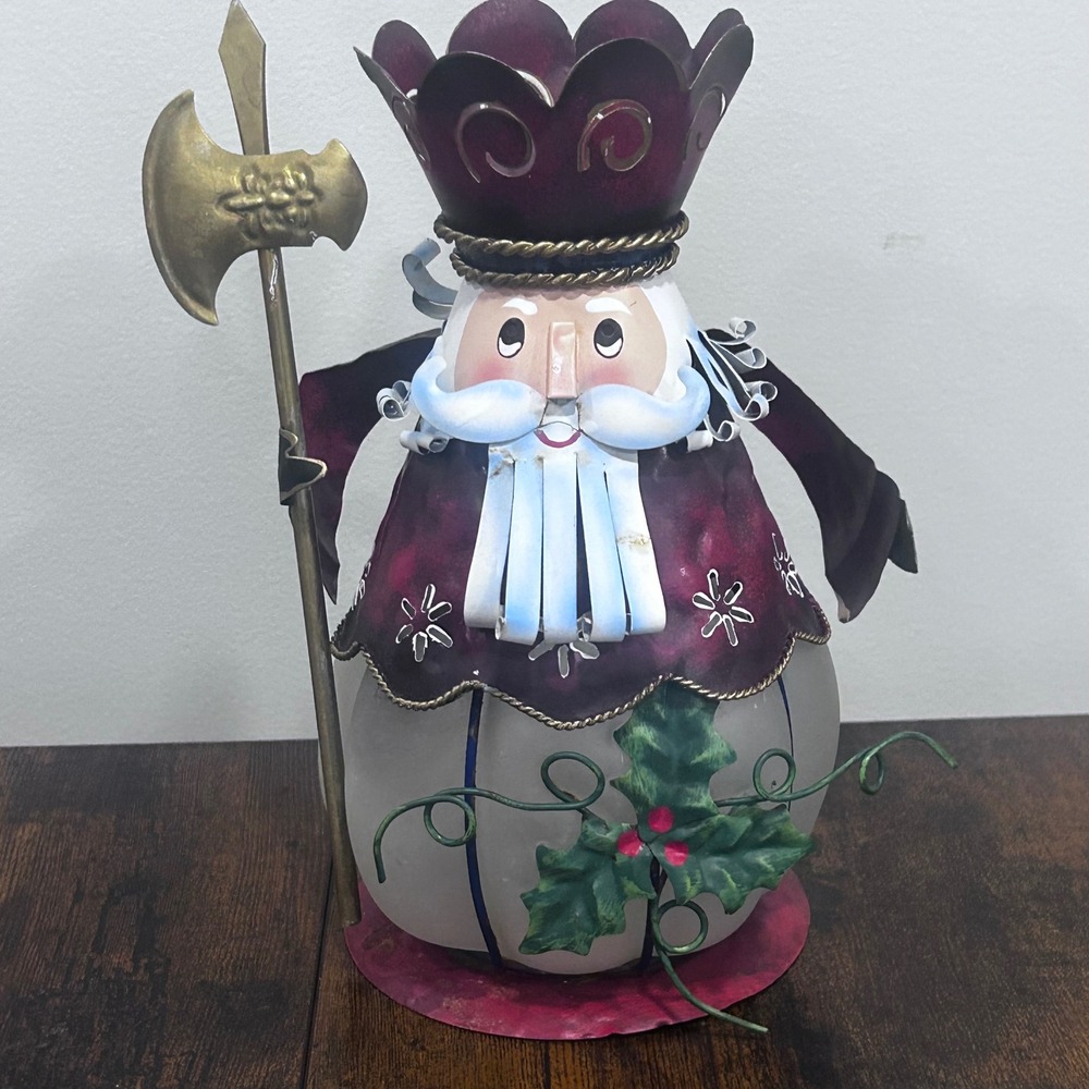Vintage Metal and Frosted Glass Nutcracker Candle Holder Holiday Decor 10 inch